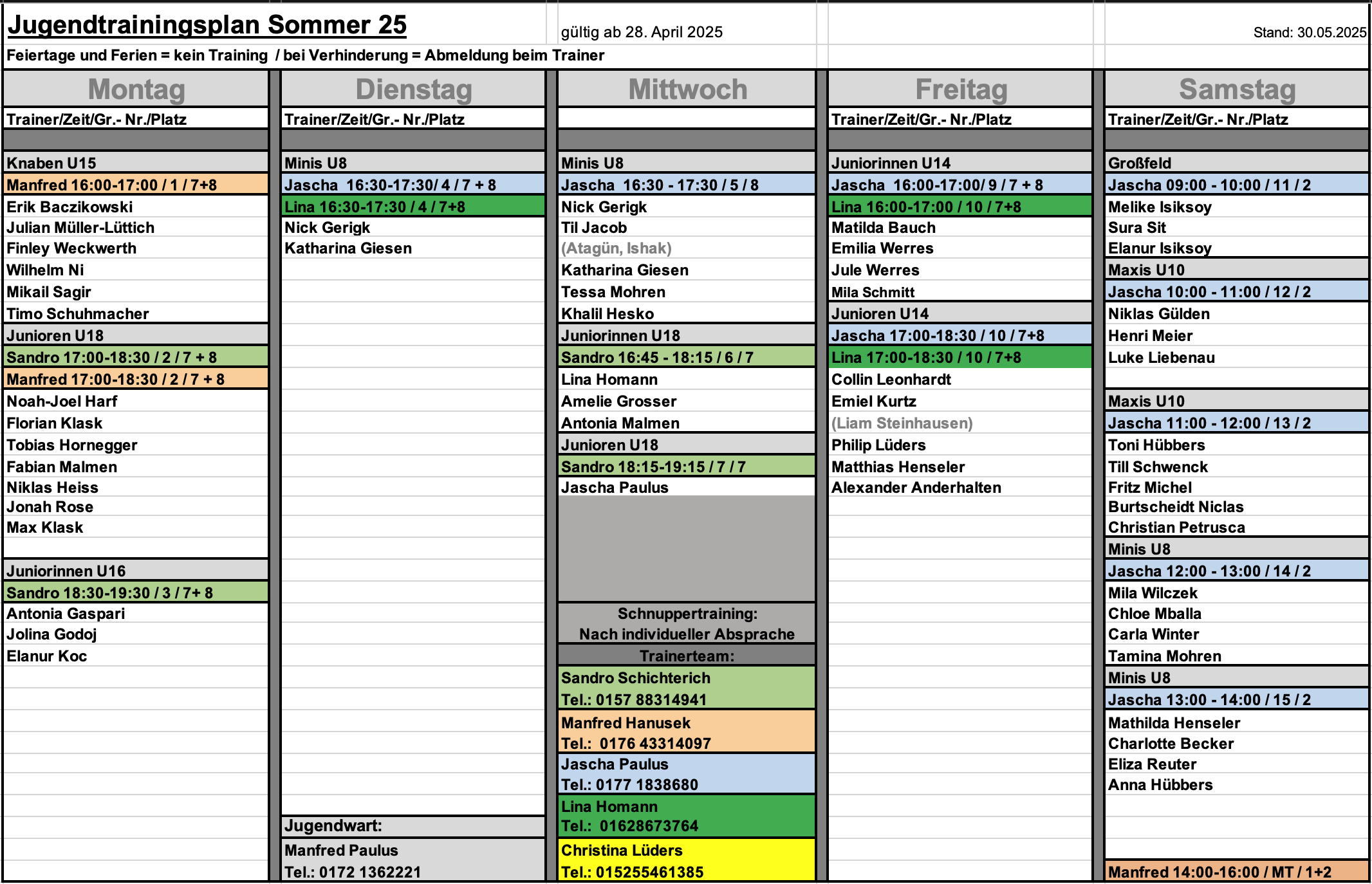 Trainingsplan Stand August 2023