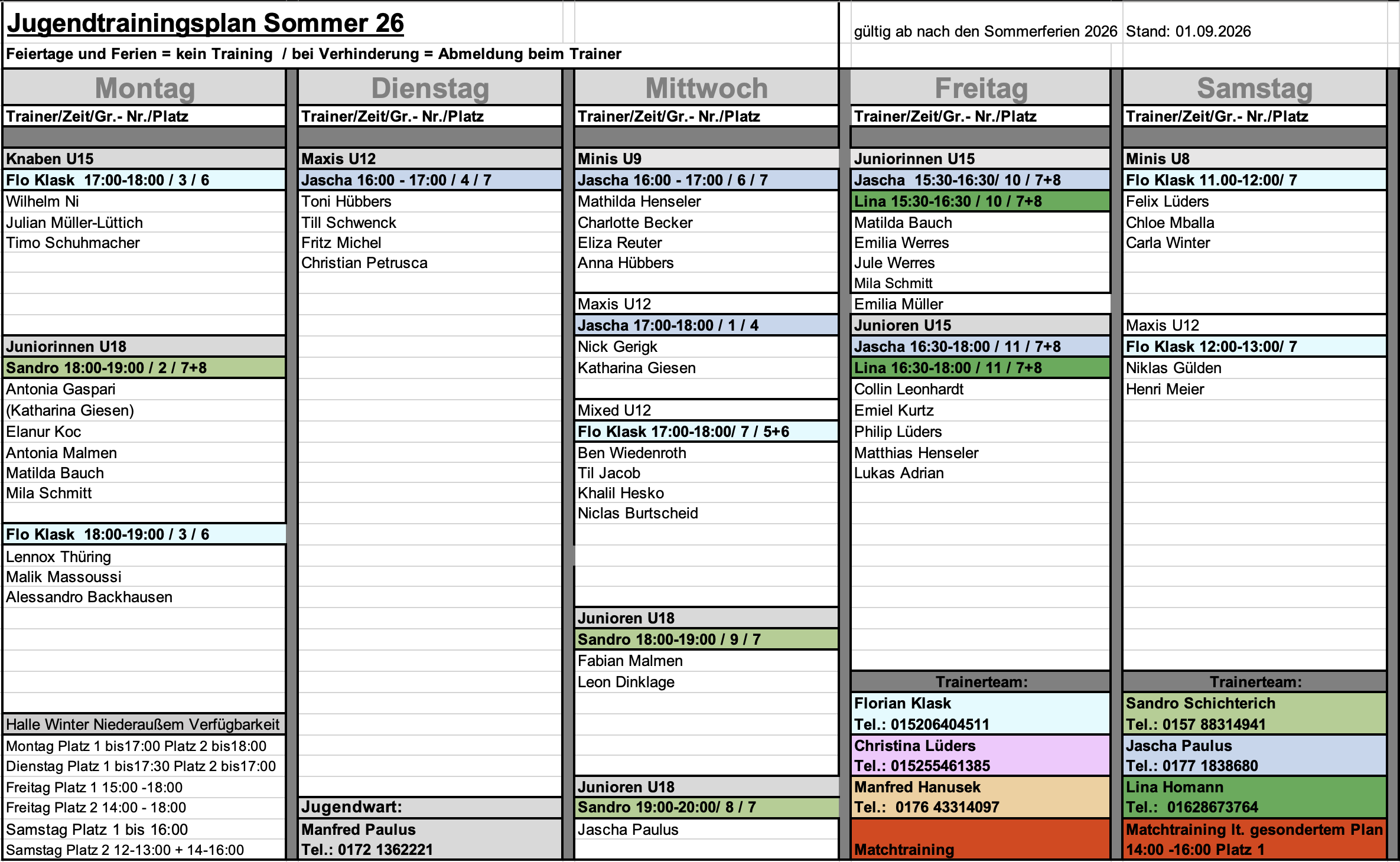 Trainingsplan Stand August 2023